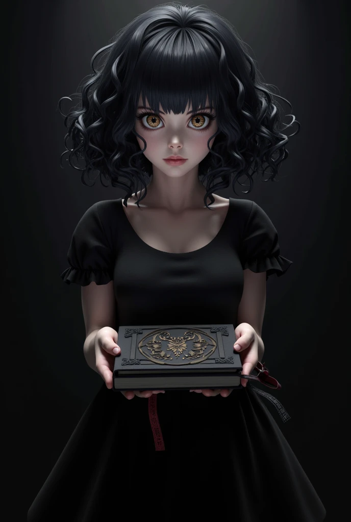 I want a 3d drawing of Misa Aname from Dead Note with curly hair and bangs, dark hair and brown eyes, with the Dead Note notebook in his hand and the girl is dressed in a black dress and black tights on her arms , on a dark background
