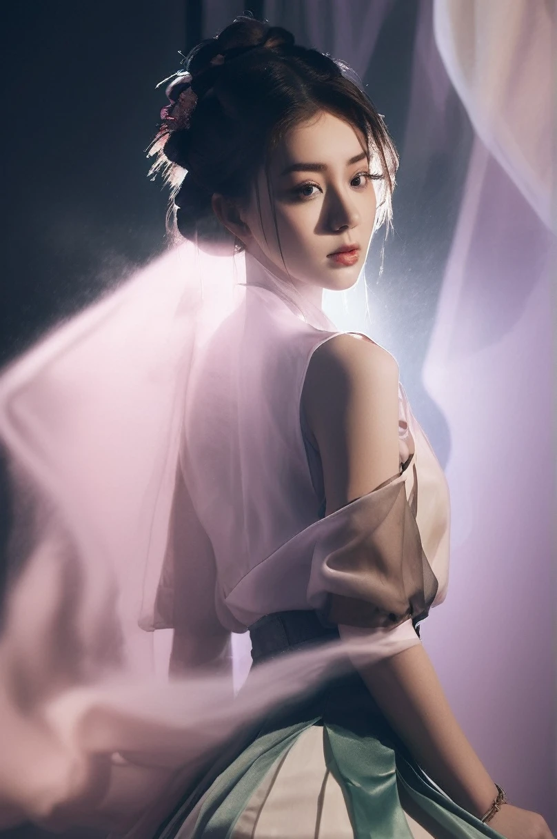 Volumetric lighting, double exposure style, girl wearing satin suspender skirt, Double image ghosting effect, Image combination, double exposure style, light depth, Dramatic mood lighting, Volumetric lighting