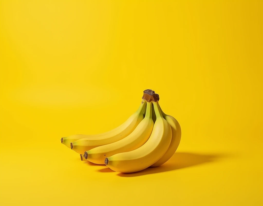 a realistic image of a banana bunch on a yellow background. The bananas should appear medium ripe and ready to eat, with no deformities. The photo should be taken with a Nikon Z7 camera and a prime 80mm lens, using an aperture of f/8 and a shutter speed of 1/125. The image should be well-balanced in composition, following the rule of thirds and the golden ratio. The lighting should be natural and use daylight white balance. The photo should be sharp, well-lit, and high-resolution. Please ensure that the bananas look good, natural, and are displayed in a way that is pleasing to the eye.
