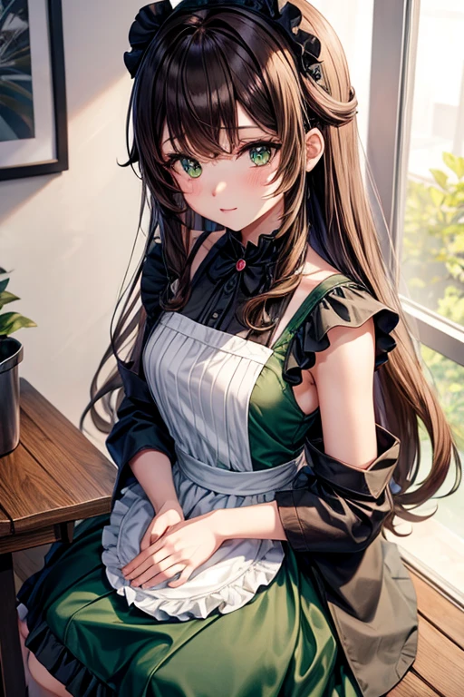 Anime girl, brown shoulder-length hair, Green eyes, black maid dress