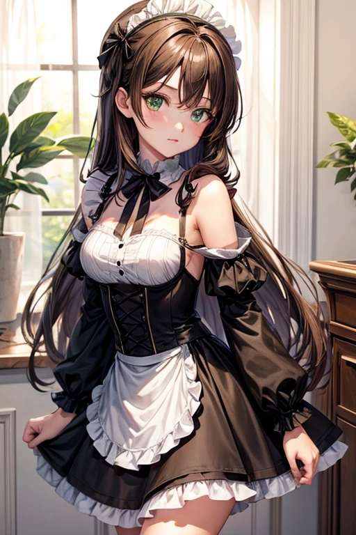 Anime girl, brown shoulder-length hair, Green eyes, black maid dress