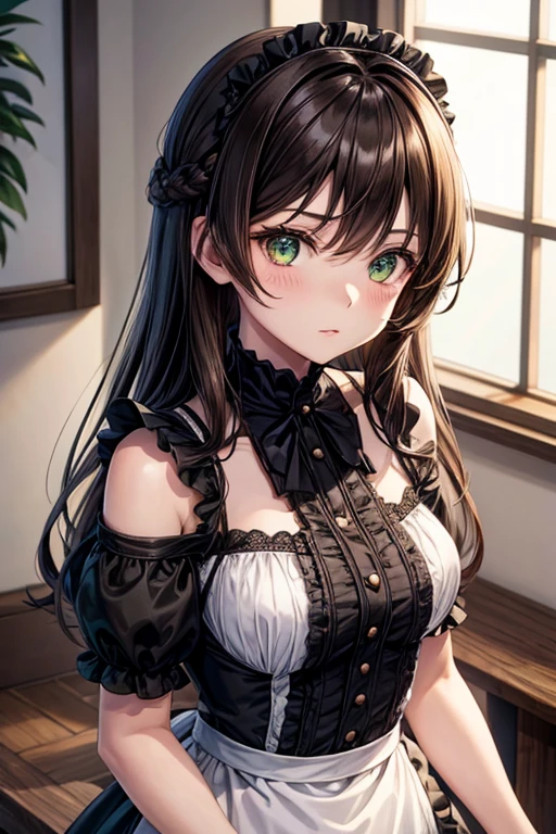 Anime girl, brown shoulder-length hair, Green eyes, black maid dress