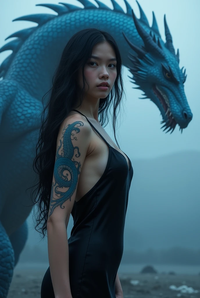 a nineteen-year-old American girl with a statuesque body, wearing a long black dress that is tight to the body with a low-cut back that leaves the blue dragon tattoo design on display, taking up space on the back. Her hair is long and black with light blue at the ends.. Skin color is light. Behind her is a large blue dragon with a morning star tipped tail..
