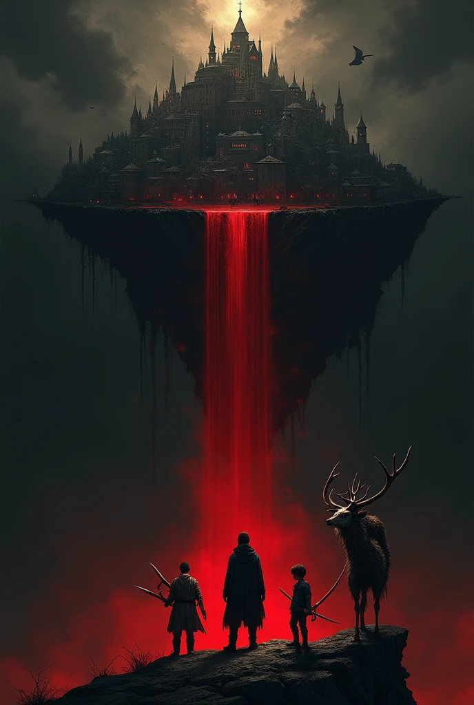 Black background with an island in the sky with a kingdom and a waterfall of blood and a person below and a boy with weapons and a humanoid spirit with a deer skull on his side