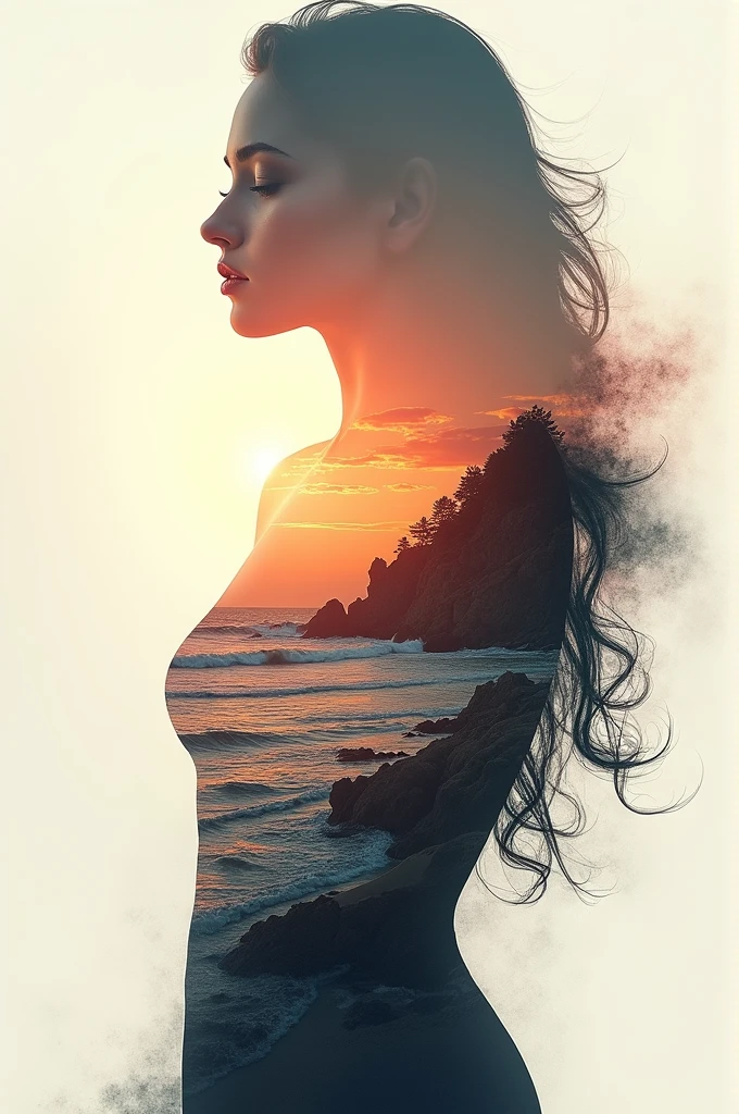 high quality, 8K Ultra HD, A beautiful double exposure that combines an goddess silhouette with sunset coast, sunset coast should serve as the underlying backdrop, with its details incorporated into the goddess , crisp lines, The background is monochrome, sharp focus, double exposure, by yukisakura, awesome full color,