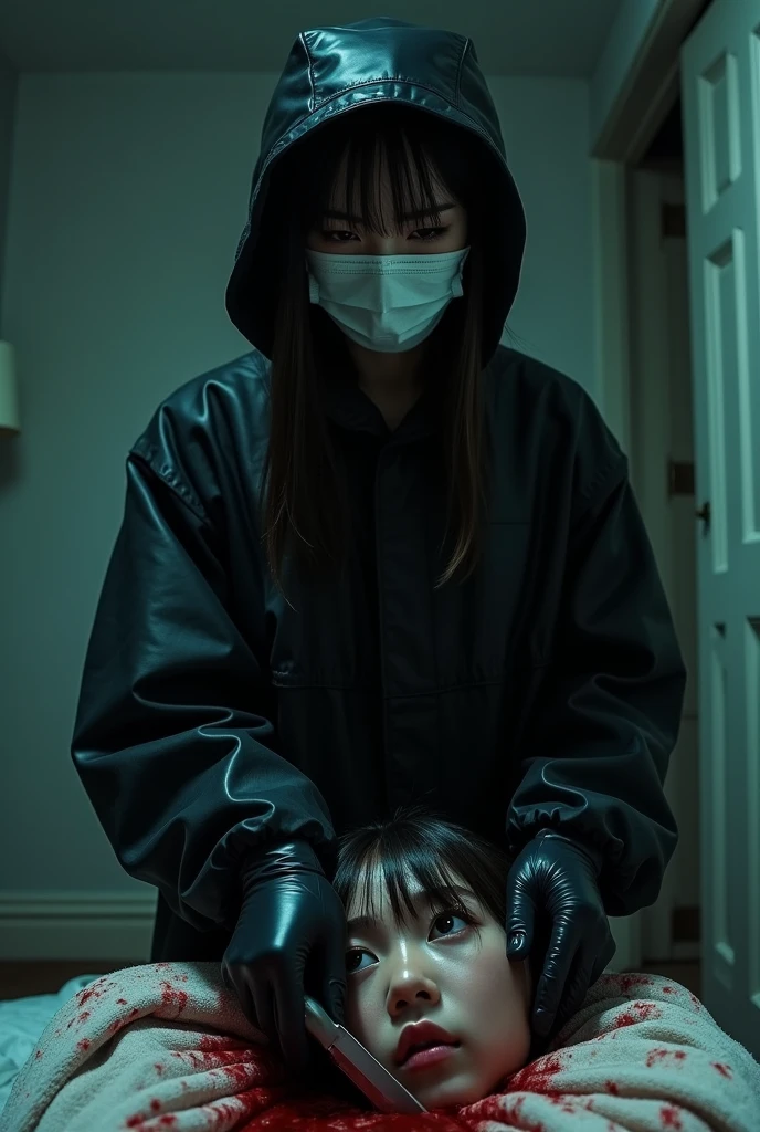 korean girl, (behind corpse, surgical mask), holding knife, stabbing, black gloves, room full of blood, black raincoat, bucket hat, holding knife, black gloves, behind corpse, blood splatter, bondage, long bangs, bed room, black wet suit, night, mass murderer, killer, robbery, dark atmosphere, cinematic lighting, atmospheric realistic, close-up,
