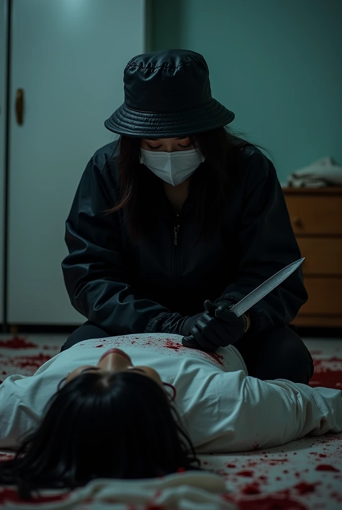 korean girl, (behind corpse, surgical mask), holding knife, stabbing, black gloves, room full of blood, black raincoat, bucket hat, holding knife, black gloves, behind corpse, blood splatter, bondage, long bangs, bed room, black wet suit, night, mass murderer, killer, robbery, dark atmosphere, cinematic lighting, atmospheric realistic, close-up,
