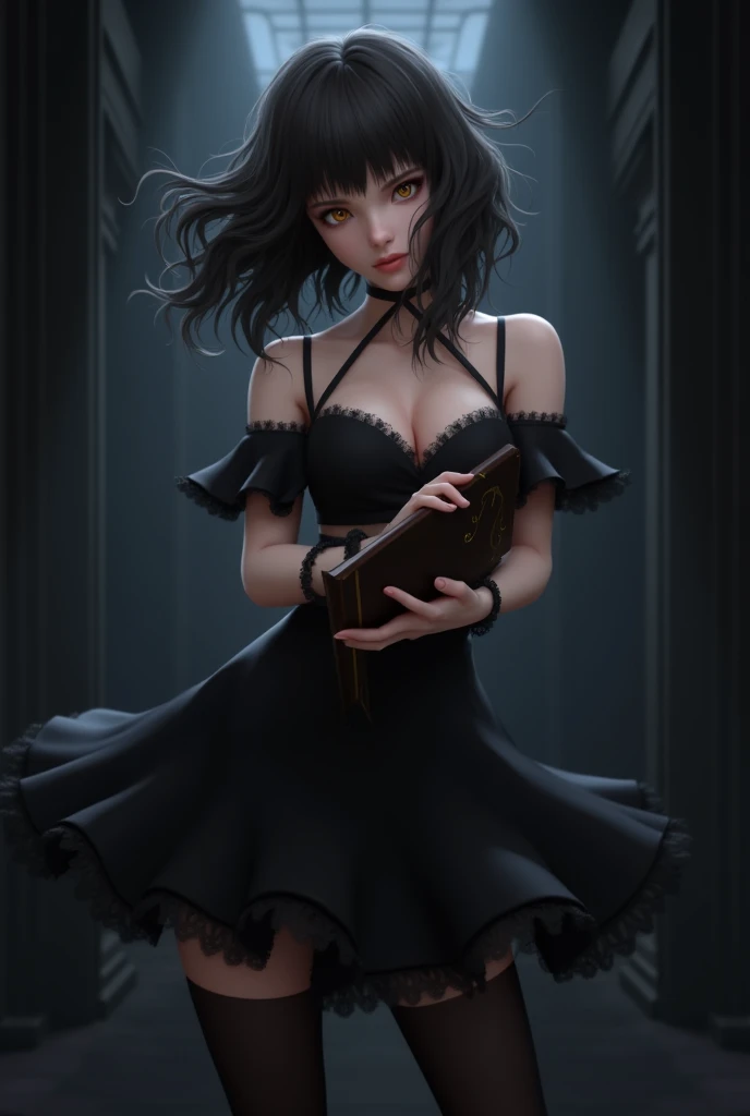 I want a 3d drawing of Misa Aname from Dead Note with curly hair and bangs, dark hair and brown eyes, with the Dead Note notebook in his hand and the girl is dressed in a black dress and black tights on her arms , on a dark background