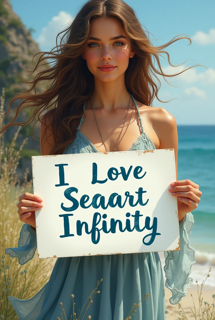 Beautiful girl with wavy long hair, bohemian dress, holding a white board with text "I Love Seaart Infinity" and showing it to the viewer