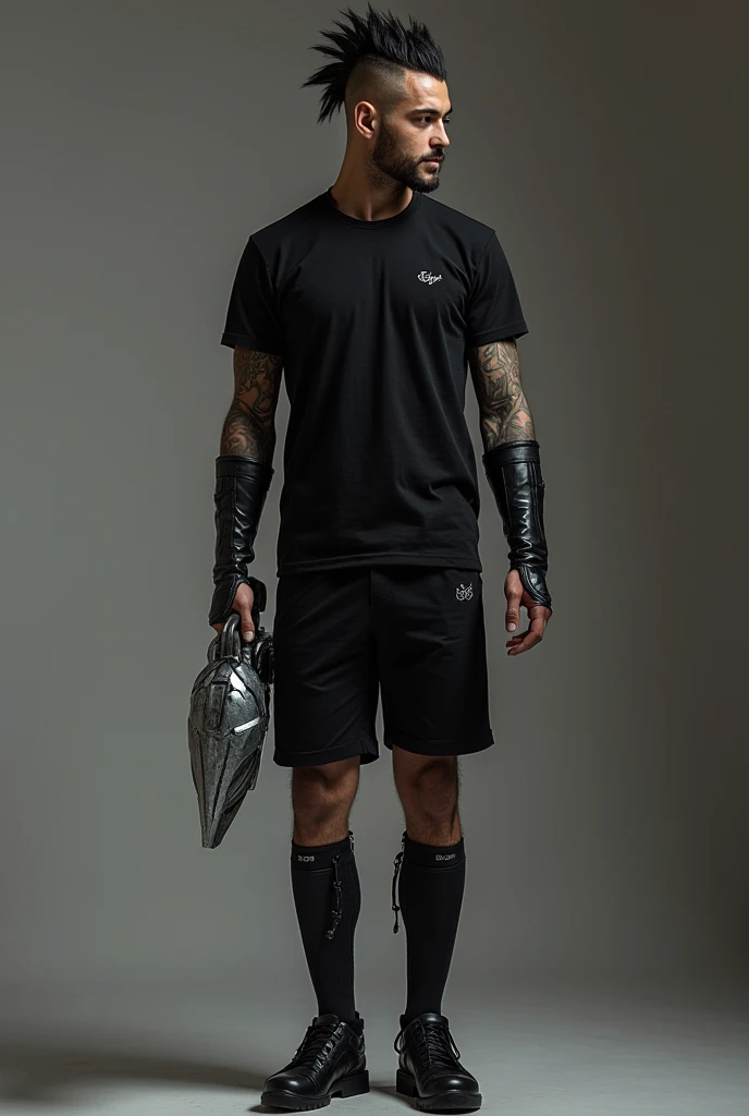 Iron hand black mohawk hair black shirt black shorts black shoes