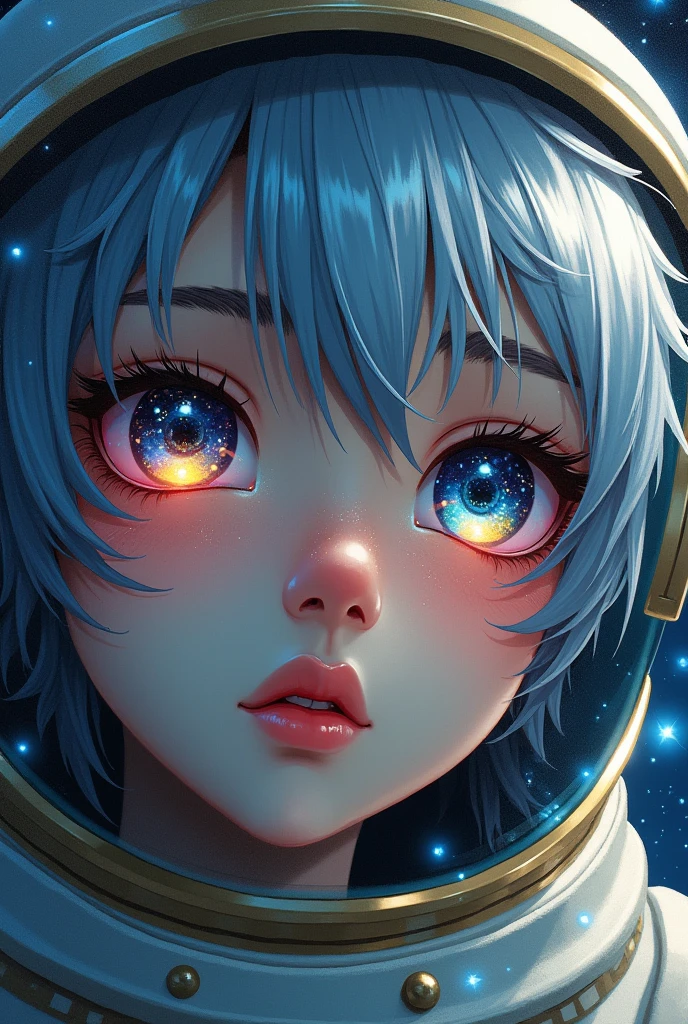 (Close-up of a better masterpiece:1.5)0.9], (Space and astronauts:1.2) (Messy silver hair:1.1) (Heterochromia xanthochromia and blue eyes:1.2) (Space Helmet:1.0) (Colored stars in the eyes:1.0) (A radiant glow:1.1) (thick lips:0.9)