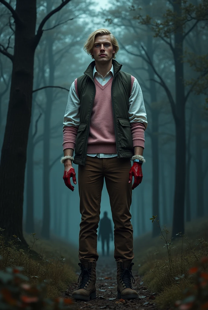 A tall man, 2 m 40, with fair skin, blue eyes, blond hair, wearing a pink sweater, vest, a white shirt, brown pants and hiking shoes. His hands are covered in blood, and he has a beautiful smile on top. He has a caption written Malo. The scene is a dark forest and behind him is a scary shadow.