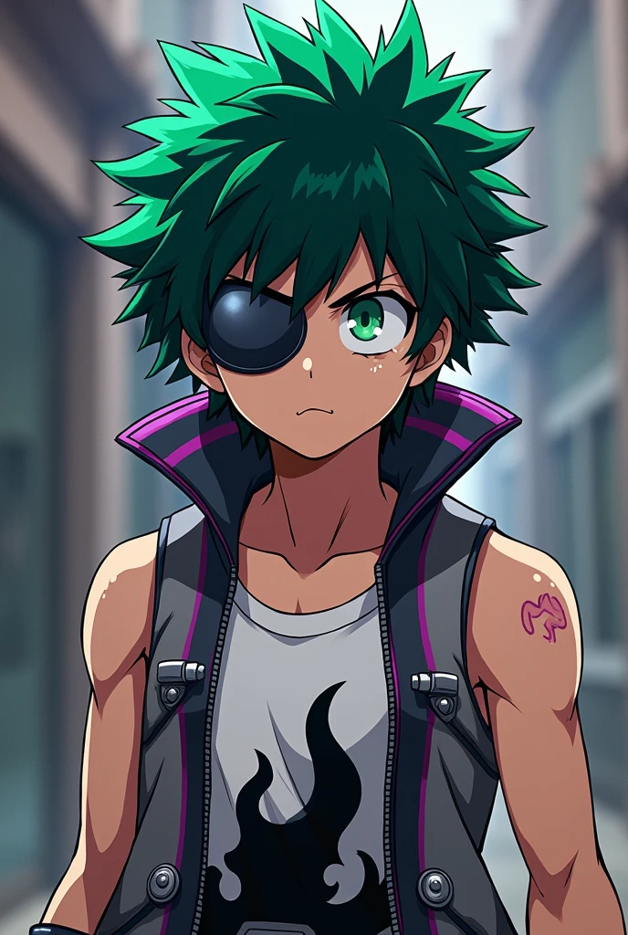 My hero academia style Gray vest with purple black lines and black edges, metal plates, bare arms, gloves with holes in the fingers, White tank top with black fire print Character, green hair and emerald eyes wearing a mask that only covers the eyes 