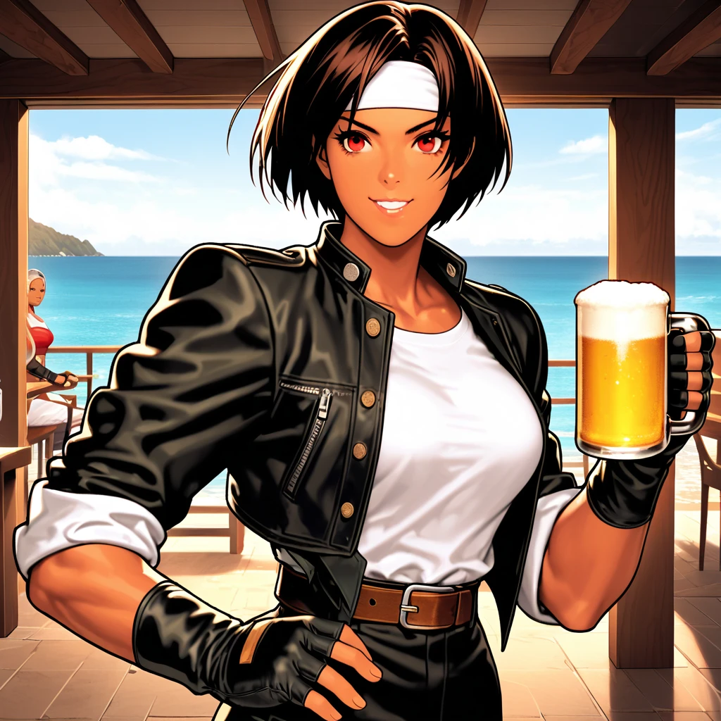 1 person,woman,short hair,Dark Skin,Red eyes,(Black jacket with rolled up sleeves),Fingerless gloves,White T-shirt, (White headband on forehead),Black pants,White shoes,Brown belt,cute,Indoor person,Charm Points,Ocean View,Slightly large breasts,Outdoor,High quality,Handsome,A confident grin,Dining with friends on the terrace,Talking happily,holding a mug of beer