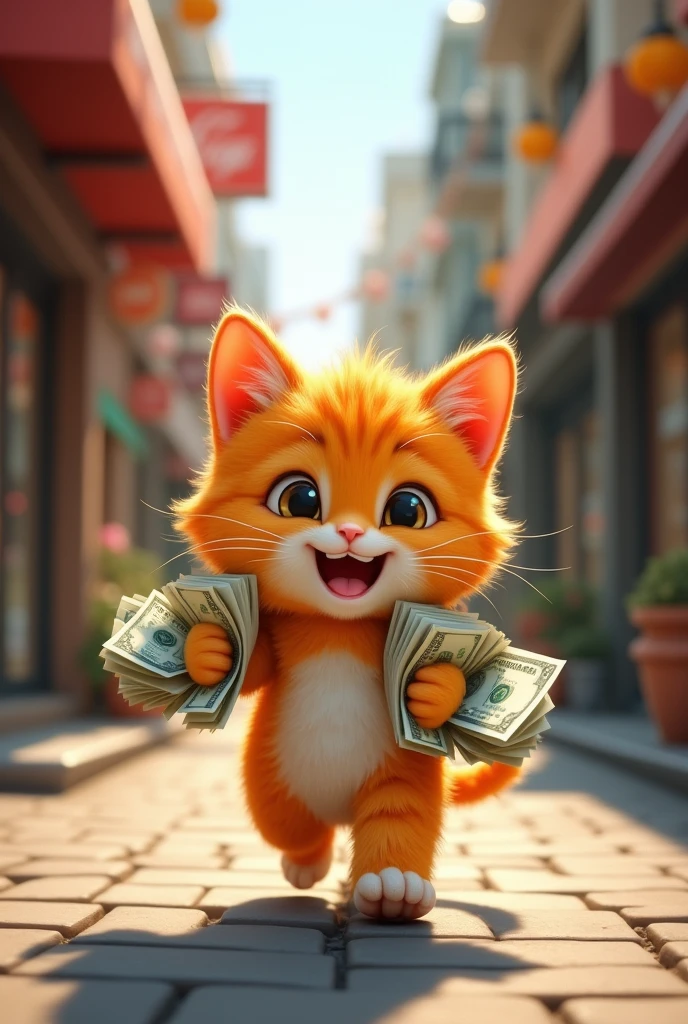 Orange kitten smiling holding money walking in the side street (background frontview of shops) 