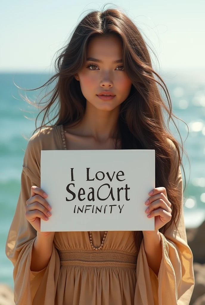 Beautiful girl with wavy long hair, bohemian dress, holding a white board with text "I Love Seaart Infinity" and showing it to the viewer