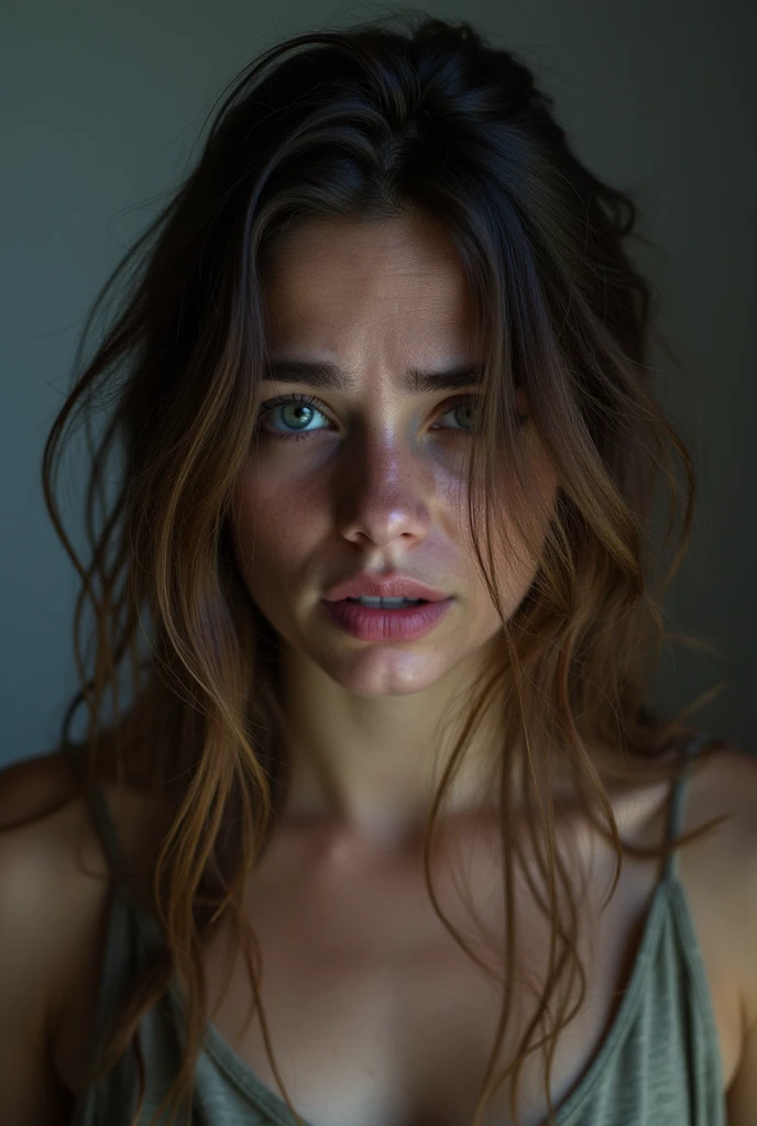 IMAGE OF A WOMAN CRYING WITH HER LONG HAIR MESSY, LIKE ASKING FOR HELP