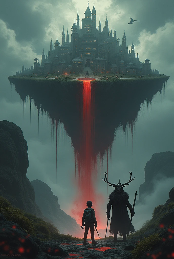 Black background with an island in the sky with a kingdom and a waterfall of blood and a person below and a boy with weapons and a humanoid spirit with a deer skull on his side
