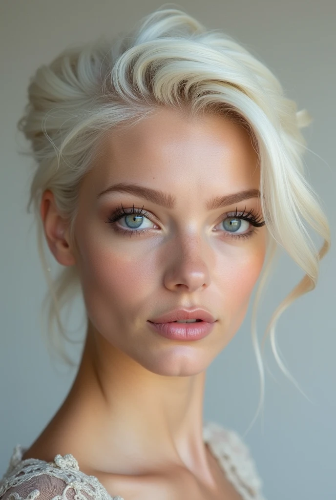A white woman with a slightly large head, body a little strong, slickedback hair, eyes large, small-nose, pink lips and rectangular face