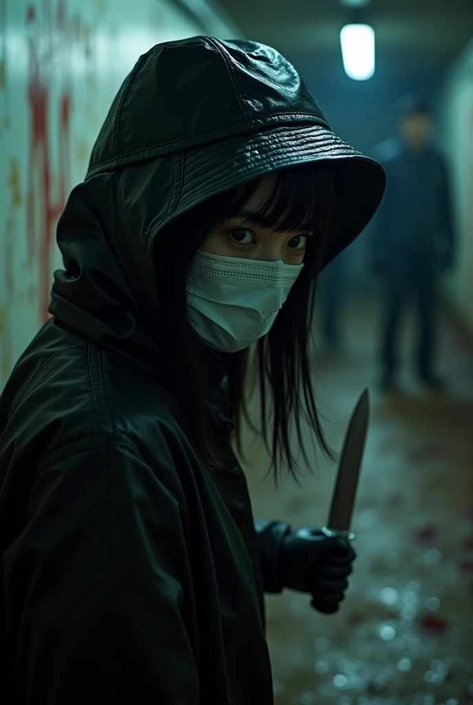 korean girl, (behind corpse, surgical mask), holding knife, stabbing, black gloves, tunnel full of blood, black raincoat, bucket hat, holding knife, black gloves, behind corpse, blood splatter, long bangs, underground, black wet suit, night, mass murderer, killer, robbery, dark atmosphere, cinematic lighting, atmospheric realistic, close-up,