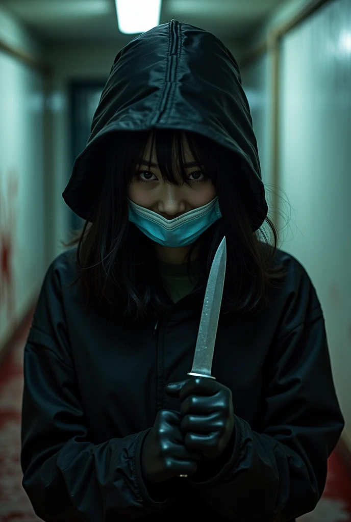 korean girl, (behind corpse, surgical mask), holding knife, stabbing, black gloves, tunnel full of blood, black raincoat, bucket hat, holding knife, black gloves, behind corpse, blood splatter, long bangs, underground, black wet suit, night, mass murderer, killer, robbery, dark atmosphere, cinematic lighting, atmospheric realistic, close-up,
