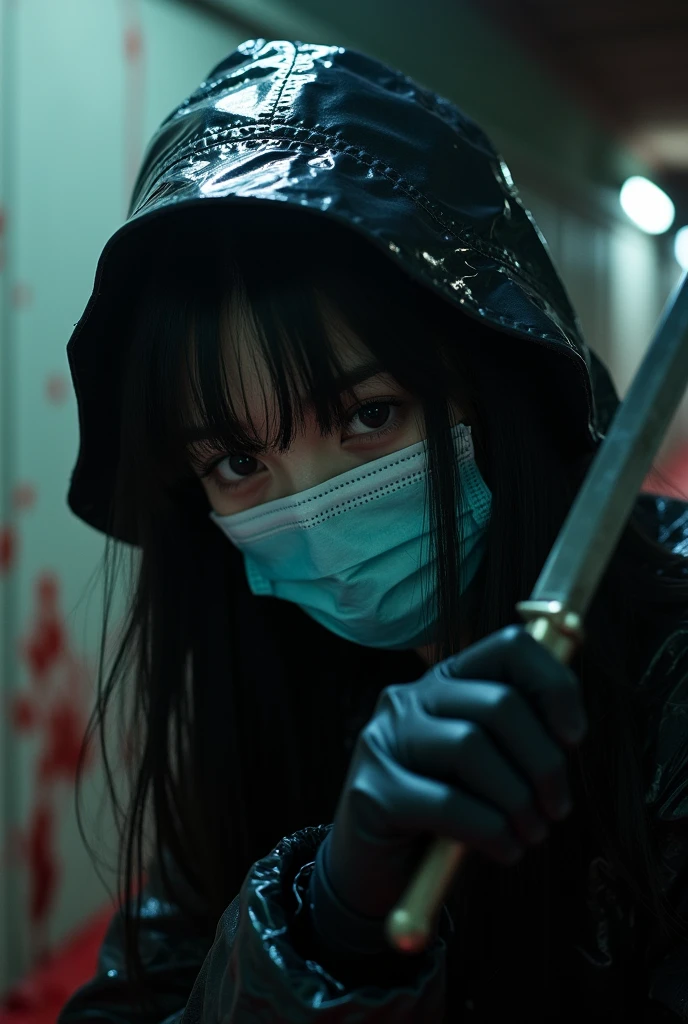 korean girl, (behind ??????, surgical mask), holding knife, stabbing, black gloves, tunnel ?????????????, black raincoat, bucket hat, holding knife, black gloves, behind ??????, blood splatter, long bangs, underground, black wet suit, night, mass murderer, killer, robbery, dark atmosphere, cinematic lighting, atmospheric realistic, close-up,
