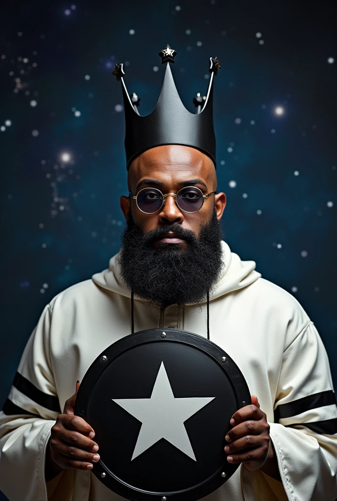 Old black chubby bald black man ,with black crown with white star with white stars glasses with short black beard with galaxy background using white shirt with black stripes and black shield with white boards with a white star in the middle