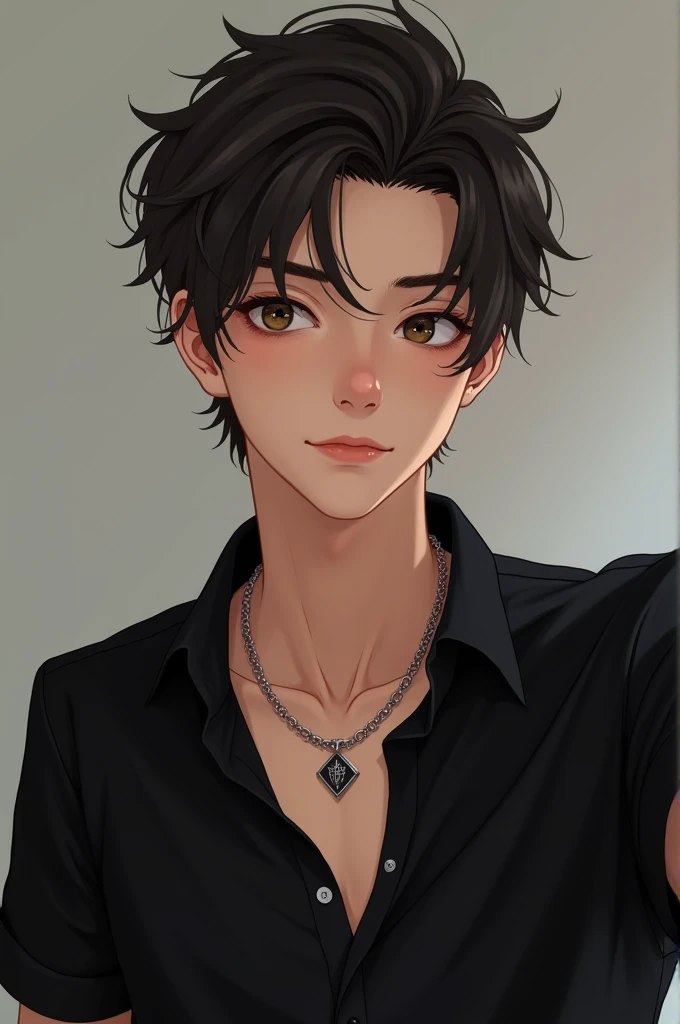 handsome 17 year old boy with short hair wearing black shirt and necklace taking a selfie