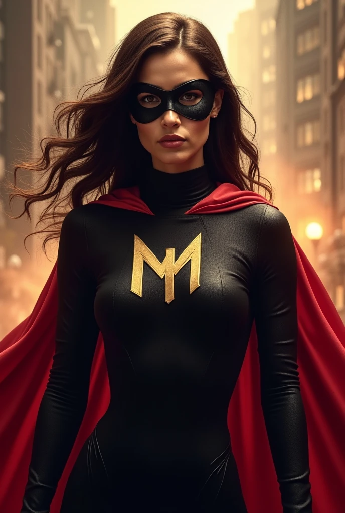 Create a superhero named mother, inspired by marvel comics, she is a woman with dark brown hair, wearing a black dress with an MM symbol on the chest, with a red cape and a black mask covering the eyes, leaving only two small holes to see through