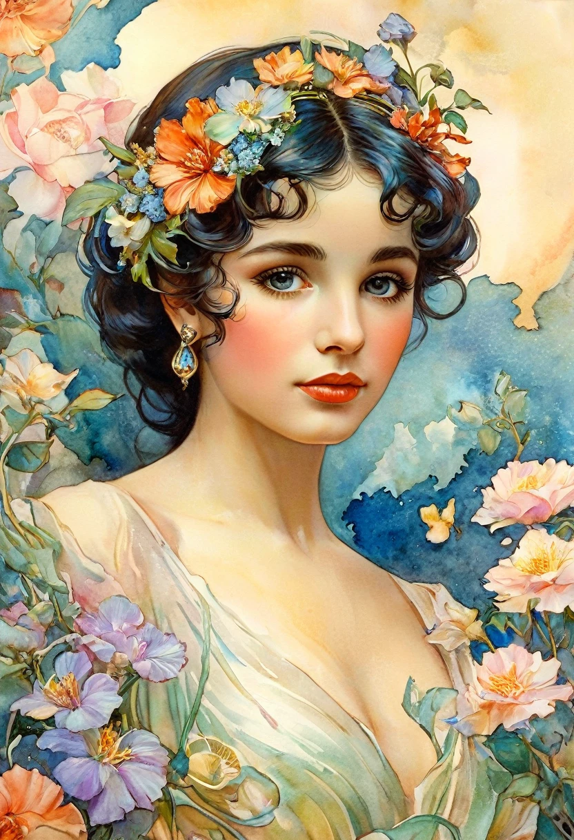 Depicts a beautiful woman with flowers in her hair, (Elizabeth Taylor: 1.4), Highly detailed watercolor painting, The style of Alfons Maria Mucha and Gustav Kirmut, details (((Art Nouveau))), Fairy Princess, Anthropomorphic woman, Female figure , Detailed cover art, Like the Goddess of Flowers, Alphonse Mucha, Gustav Klimt, Pale skin, Marble sculpture, society, Gothic art, Art Nouveau, Behance contest winner.