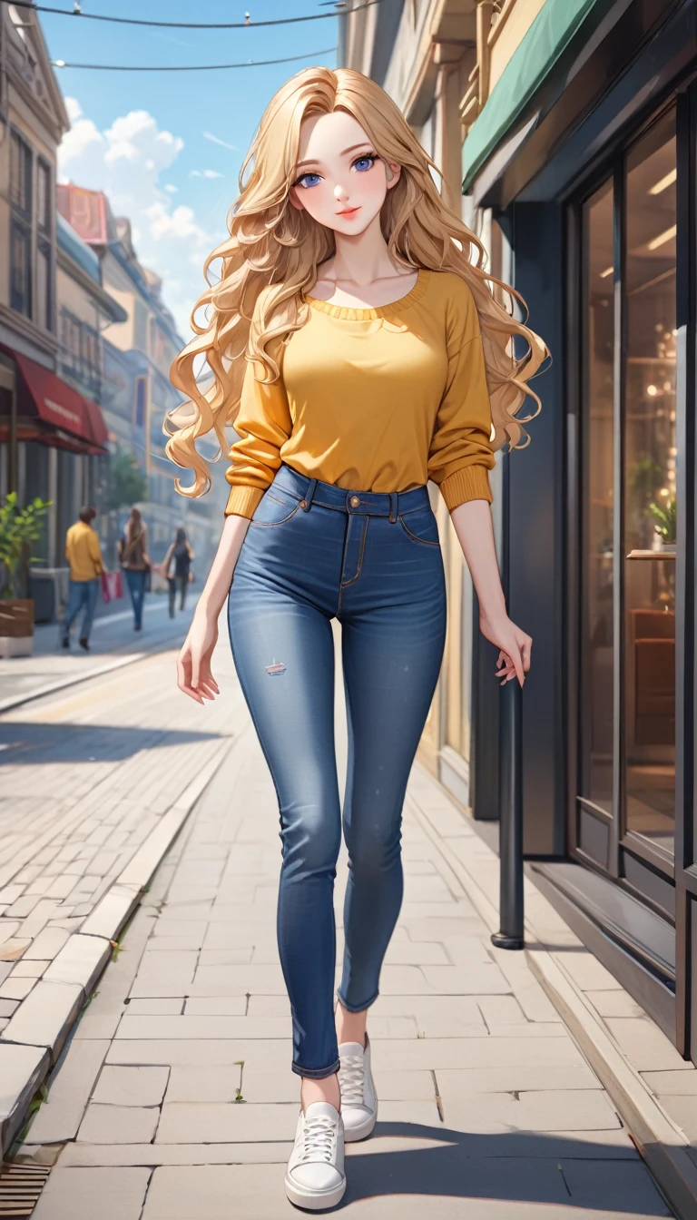 ((best quality, masterpiece:1.3, 8K)), (detailed), highly detailed face and skin texture, detailed eyes, full body, outdoor, (slender body:1.1), 1girl, (solo), (18+ years old), white skin, bright lips, seductive smile, long hair, forehead, blonde hair, wavy hair, casual outfit, medium breast, (jeans pants),