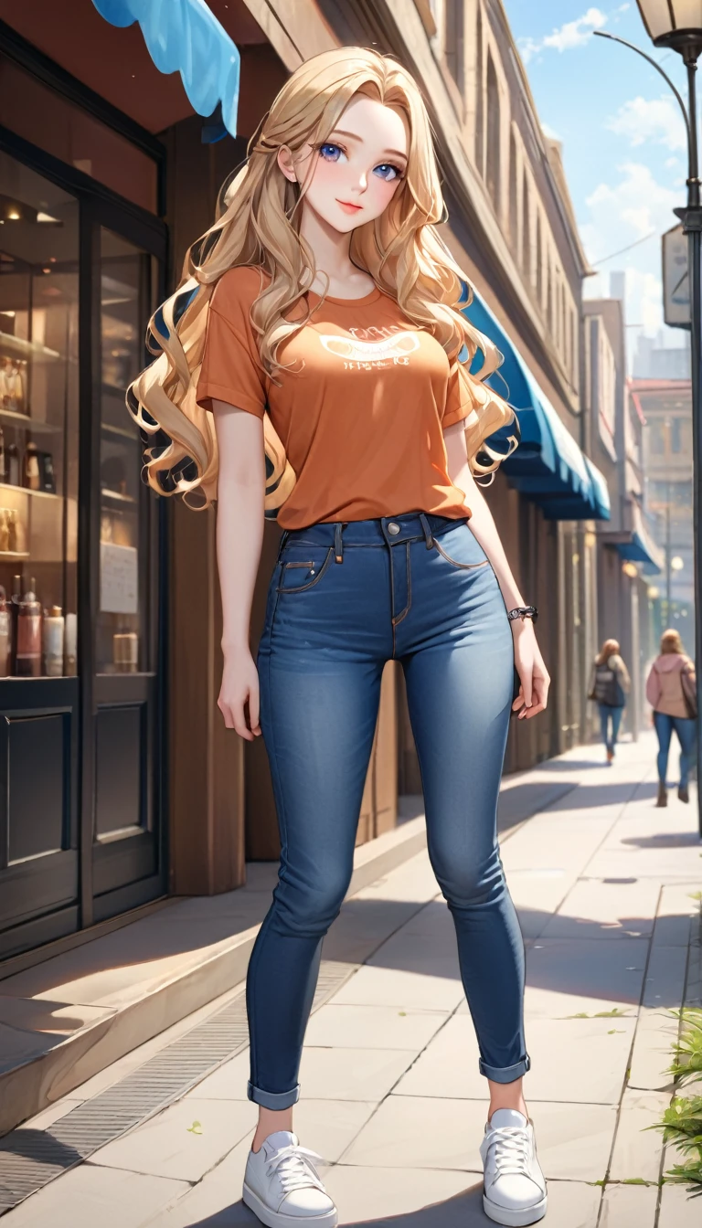 ((best quality, masterpiece:1.3, 8K)), (detailed), highly detailed face and skin texture, detailed eyes, full body, outdoor, (slender body:1.1), 1girl, (solo), (18+ years old), white skin, bright lips, seductive smile, long hair, forehead, blonde hair, wavy hair, casual outfit, medium breast, (jeans pants), 