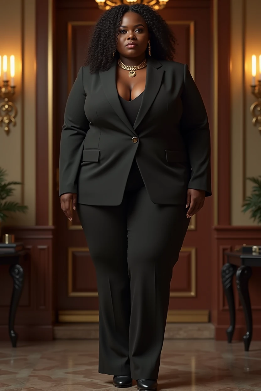 Create a high-resolution realist 3d image of a dark skin toned melanin elegant woman with a findom dominant and commanding persona and Prescence wearing luxurious attire, such as a tailored suits or designer dress, and posed in a confident stance. full body tall and plus size curvey body 5'9 265 lbs This mage should exude power, control, and sophistication, with a hint of mystery. the back ground is lavish hight rise office or a luxurious richly decotated tool reflecting wealth and power