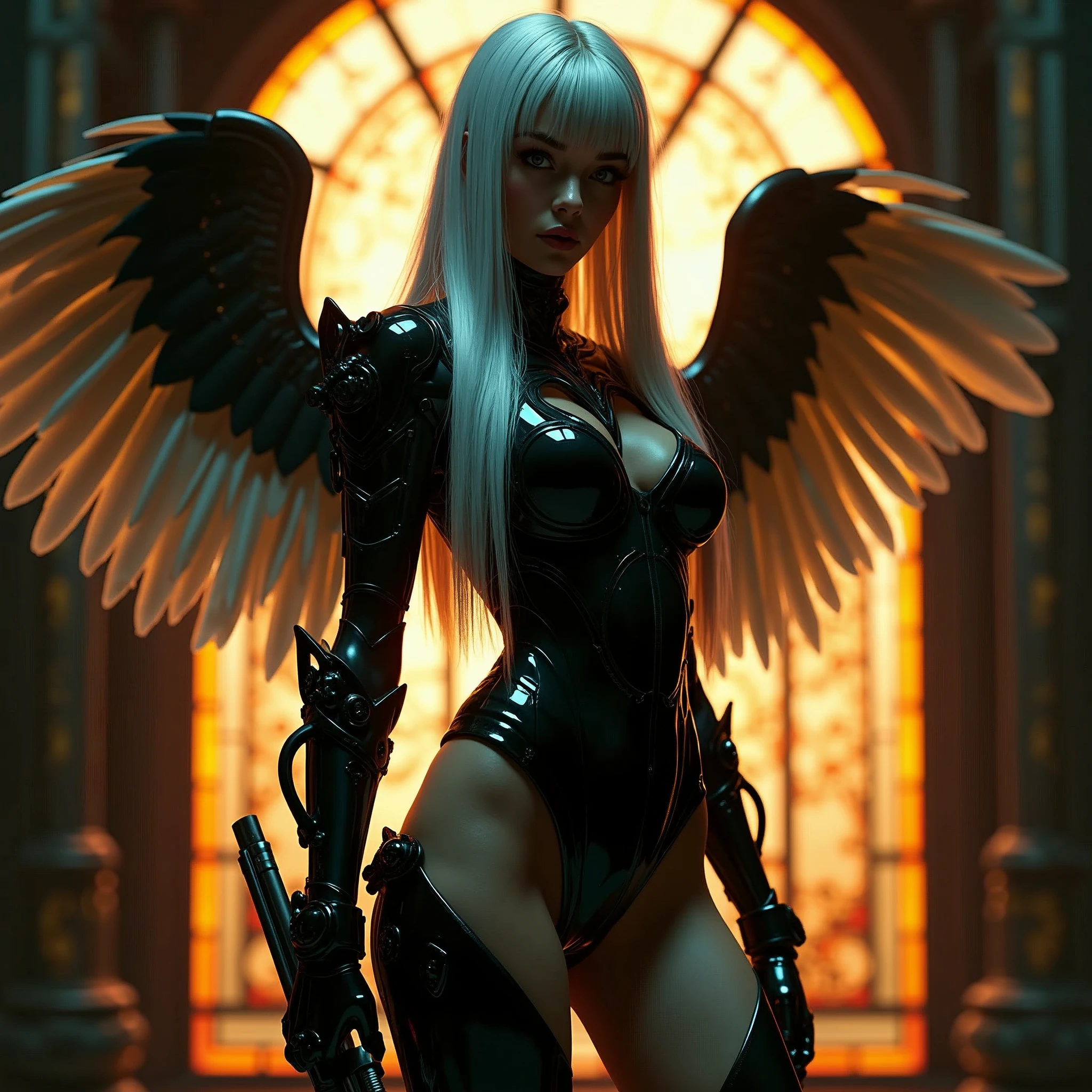 An incredible full shot of a female creature, Blonde, incredibly cute appearance with an infernally evil soul, in the style of good and evil, angel demon stripcore, white witchcraft, background brightness, fumingcore, hyper realistic and hyper detailed, breathtaking composition, hyper emotional, epic cinematic lighting, 8K UHD