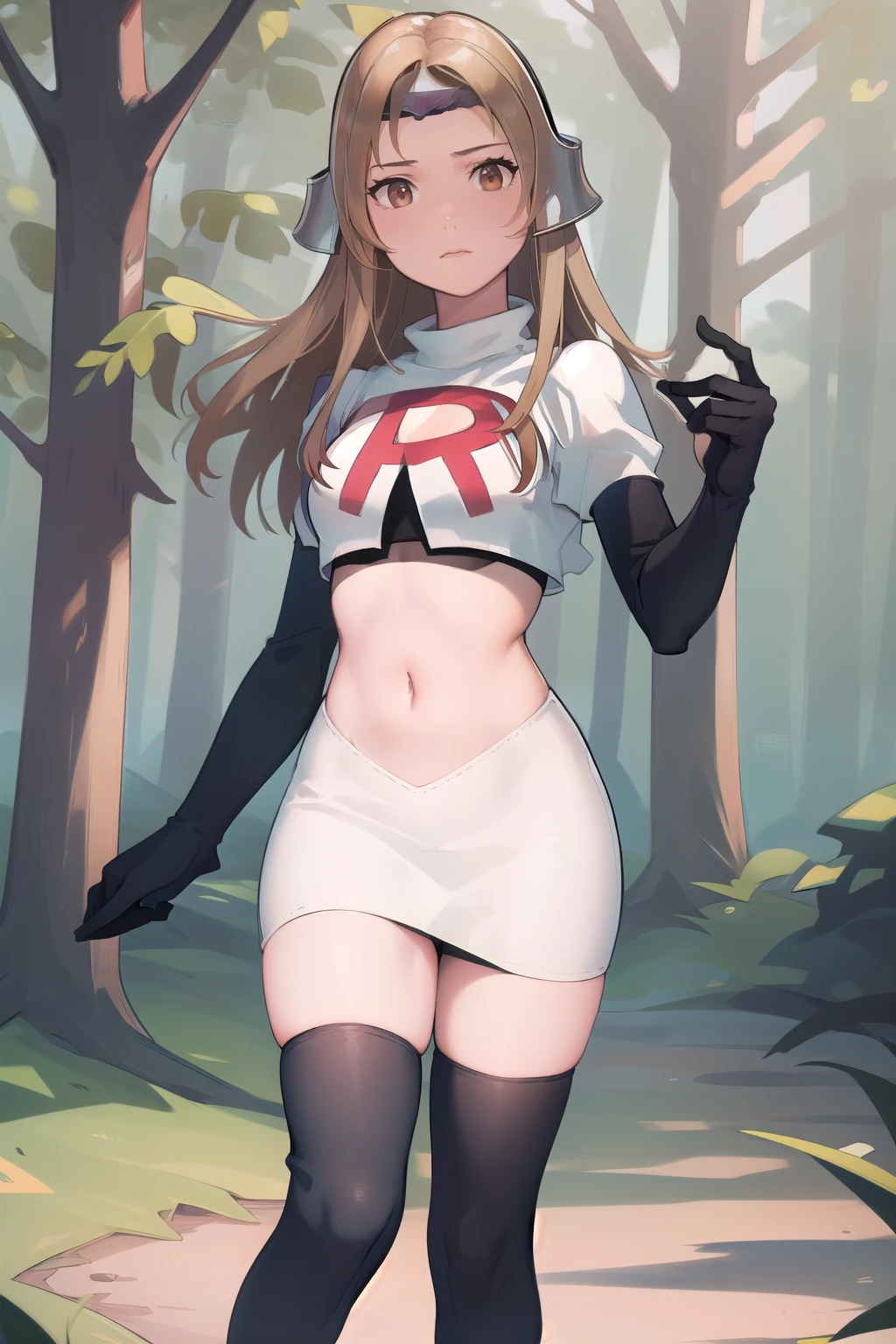 masterpiece, best quality, mathilda, brown eyes,helmet,  looking at viewer, team rocket,team rocket uniform,white skirt,red letter R,crop top,black thigh-highs,black elbow gloves