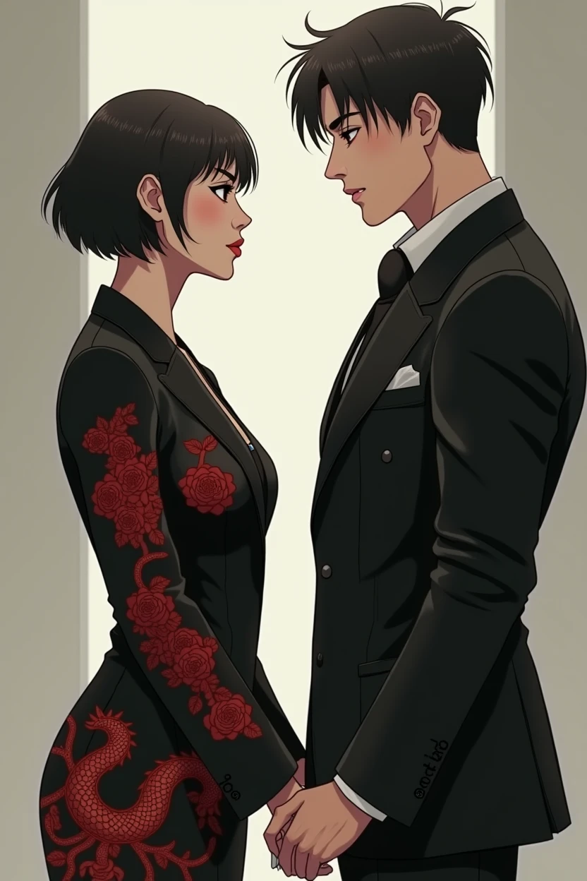 Create an image of a woman facing a man. The woman has Asian features and is well-groomed., wearing a black suit dress with red designs, like dragons and roses. She has short black hair and a dark look in her eyes.. The man is in a black suit. He's taller than her, his features are strong and he is not Asian, he is French with black hair, rebels and scouts