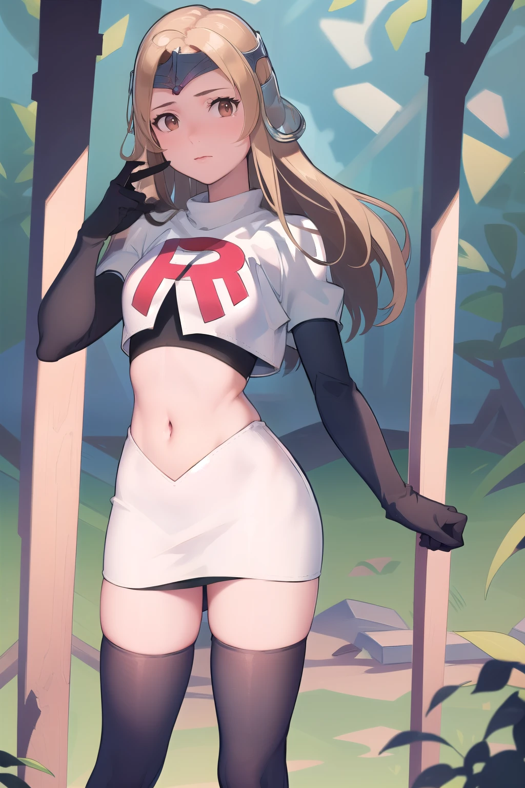 masterpiece, best quality, mathilda, brown eyes,helmet,  looking at viewer, team rocket,team rocket uniform,white skirt,red letter R,crop top,black thigh-highs,black elbow gloves