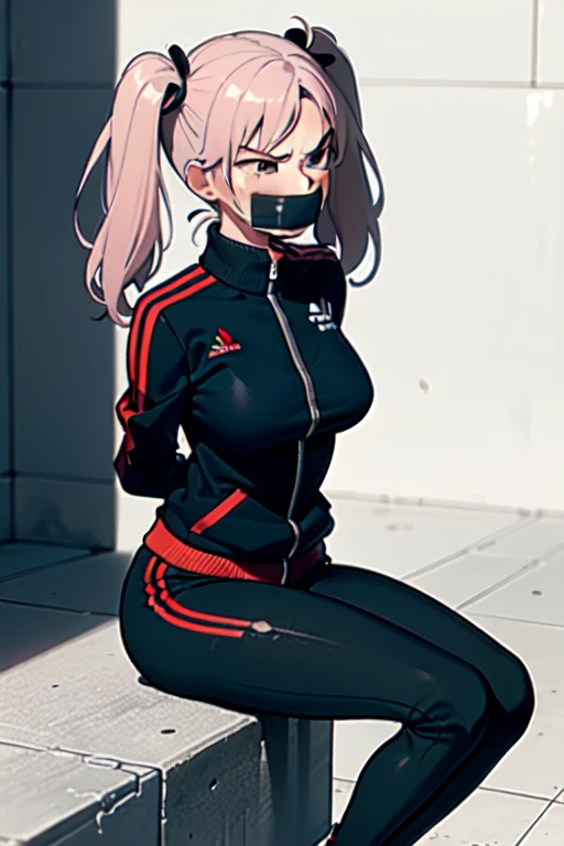 ((1 girl)), ((twin tails)), (sexy),  ((simple_background)), ((concrete floor, concrete wall)), ((underground room)), ((arms behind back)), ((scowl)), ((sitting on the knees)), ((tape gag)),  ((helpless)), ((calm)), ((struggling)), (blue tracksuit,tracksuit,tights pants, long black pants)