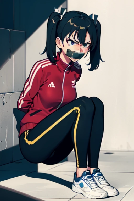 ((1 girl)), ((twin tails)), (sexy),  ((simple_background)), ((concrete floor, concrete wall)), ((underground room)), ((arms behind back)), ((scowl)), ((sitting on the knees)), ((tape gag)),  ((helpless)), ((calm)), ((struggling)), (blue tracksuit,tracksuit,tights pants, long black pants)