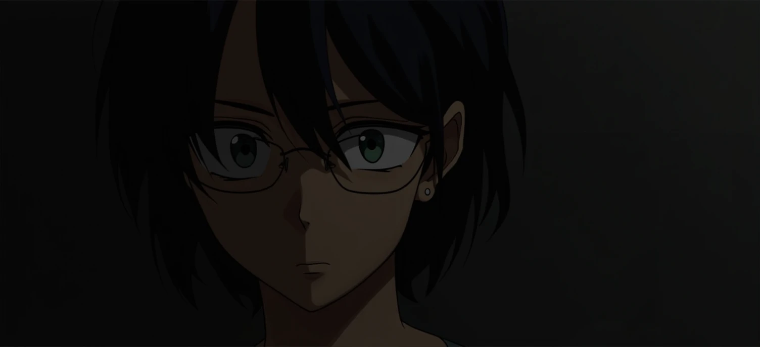 On a black background in a gradient with a slight gray gradient or light from a corner. It shows only a part of the face, perhaps focusing his eyes covered by his glasses.