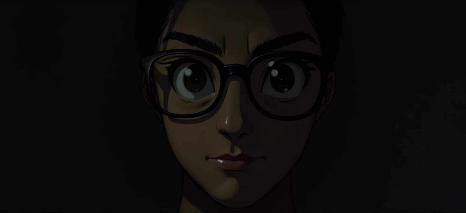 On a black background in a gradient with a slight gray gradient or light from a corner. It shows only a part of the face, perhaps focusing his eyes covered by his glasses. 