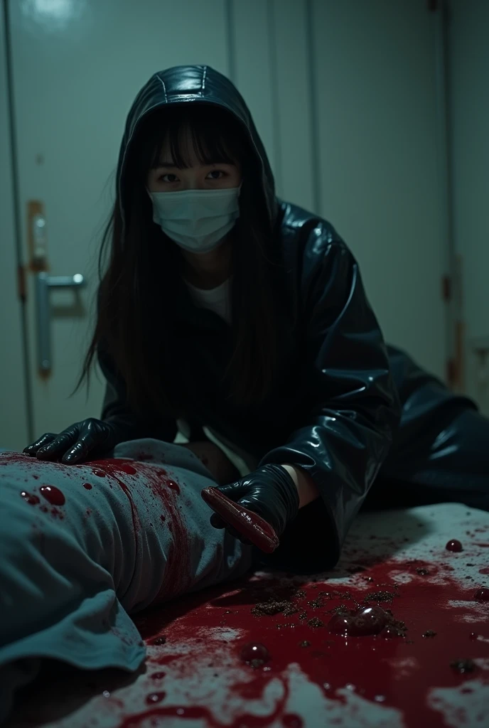 korean girl, (behind corpse, surgical mask), holding knife, stabbing, black gloves, room full of blood, black raincoat, bucket hat, holding knife, black gloves, behind corpse, blood splatter, bondage, long bangs, bed room, black wet suit, night, mass murderer, killer, robbery, dark atmosphere, cinematic lighting, atmospheric realistic, close-up,
