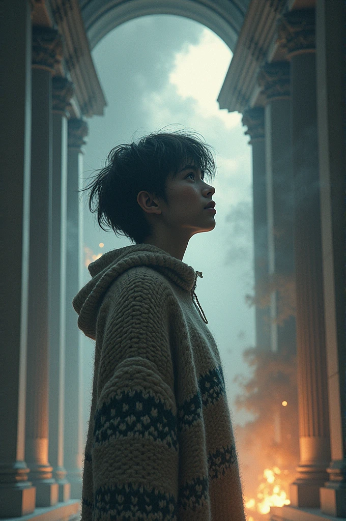 A person is daydreaming in a building wearing a sweater named abay, and presented with heaven and hell