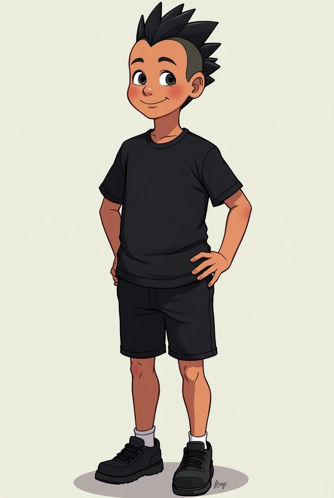 Boy with a mohawk, black shirt, black shorts, black shoes