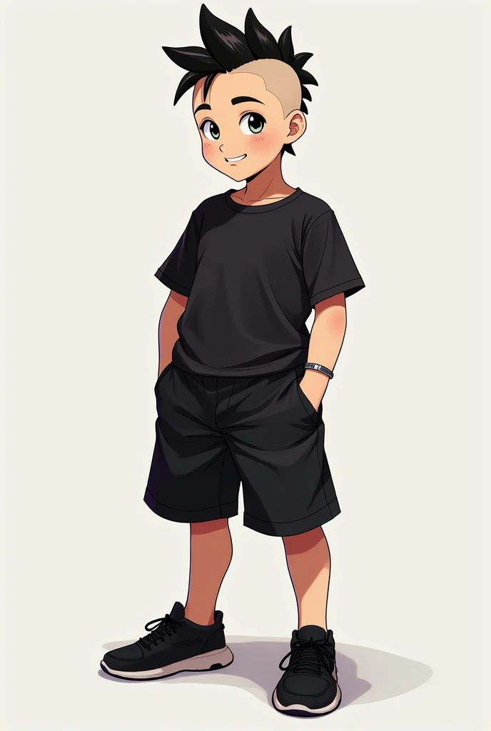 Boy with a mohawk, black shirt, black shorts, black shoes 