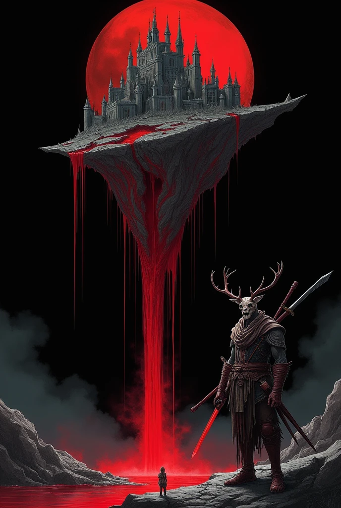 Black background with an island in the sky with a kingdom and a waterfall of blood and a person below and a boy with weapons and a humanoid spirit with a deer skull on his side
