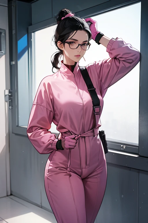 A mature woman with glasses and black hair tied up, wearing large pink rubber gloves, a white cloth wrapped around her head, a blue long-sleeved jumpsuit, and holding a submachine gun in the bathroom