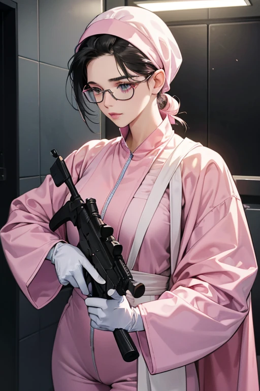 A mature woman with glasses and black hair tied up, wearing large pink rubber gloves, a white cloth wrapped around her head, a blue long-sleeved jumpsuit, and holding a submachine gun in the bathroom