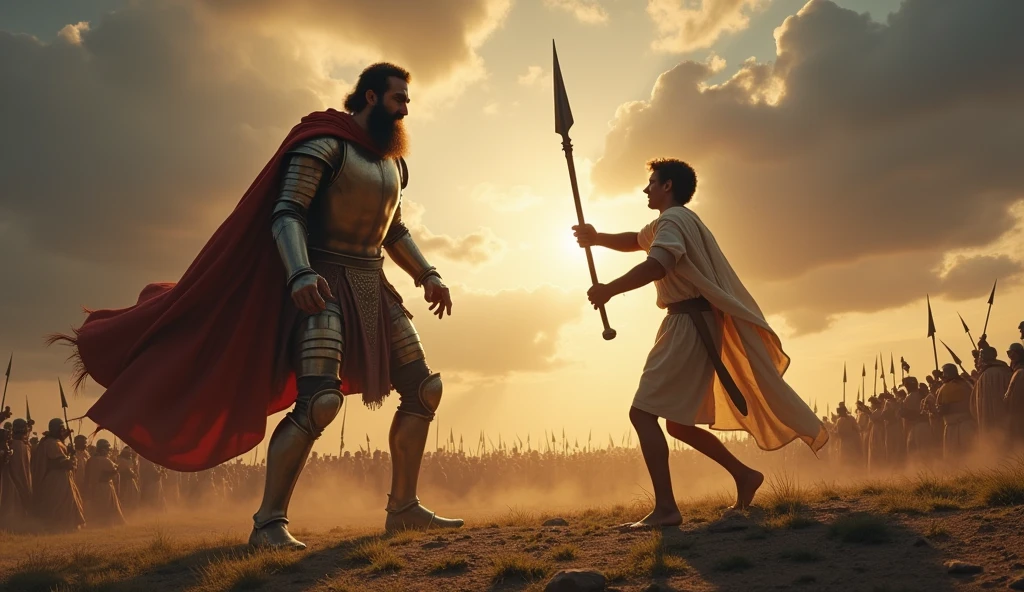 Imagine uma cena épica e intensa que captura o momento crucial da luta entre Davi e goliath. En el centro de la imagen, Davi, a young shepherd, is in a position of attack, holding a stone thrower. Your gaze is determined and full of courage, and he is dressed in simple shepherd's clothes, with a cloak that flutters lightly in the wind. Ao fundo, we can see a vast battlefield, with a crowd of Israelites and Philistines watching in anticipation.

In front of you, goliath, an imposing giant, rises like a mountain of strength. He is depicted in shining armor, holding a huge spear, that looks almost disproportionate in your hands. Your face is a mask of contempt, as he laughs disdainfully at his opponent. A expressão de Davi contrasta com a de goliath, showing not only the bravery of the young man, but also confidence in your faith.

Ao fundo, The sky is laden with dark clouds, creating an atmosphere of tension and drama, as rays of light illuminate the figure of David, symbolizing your inner strength. The surrounding terrain is rugged, with stones and grass, where the marks of the previous battle are still visible. This image should capture the essence of the struggle between good and evil., courage in the face of adversity, and the faith that can move mountains.