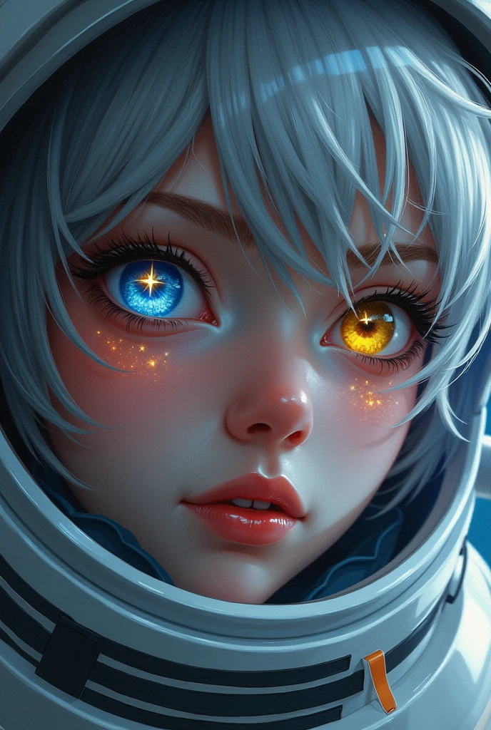 (Close-up of a better masterpiece:1.5)0.9], (Space and astronauts:1.2) (Messy silver hair:1.1) (Heterochromia xanthochromia and blue eyes:1.2) (Space Helmet:1.0) (Colored stars in the eyes:1.0) (A radiant glow:1.1) (thick lips:0.9)